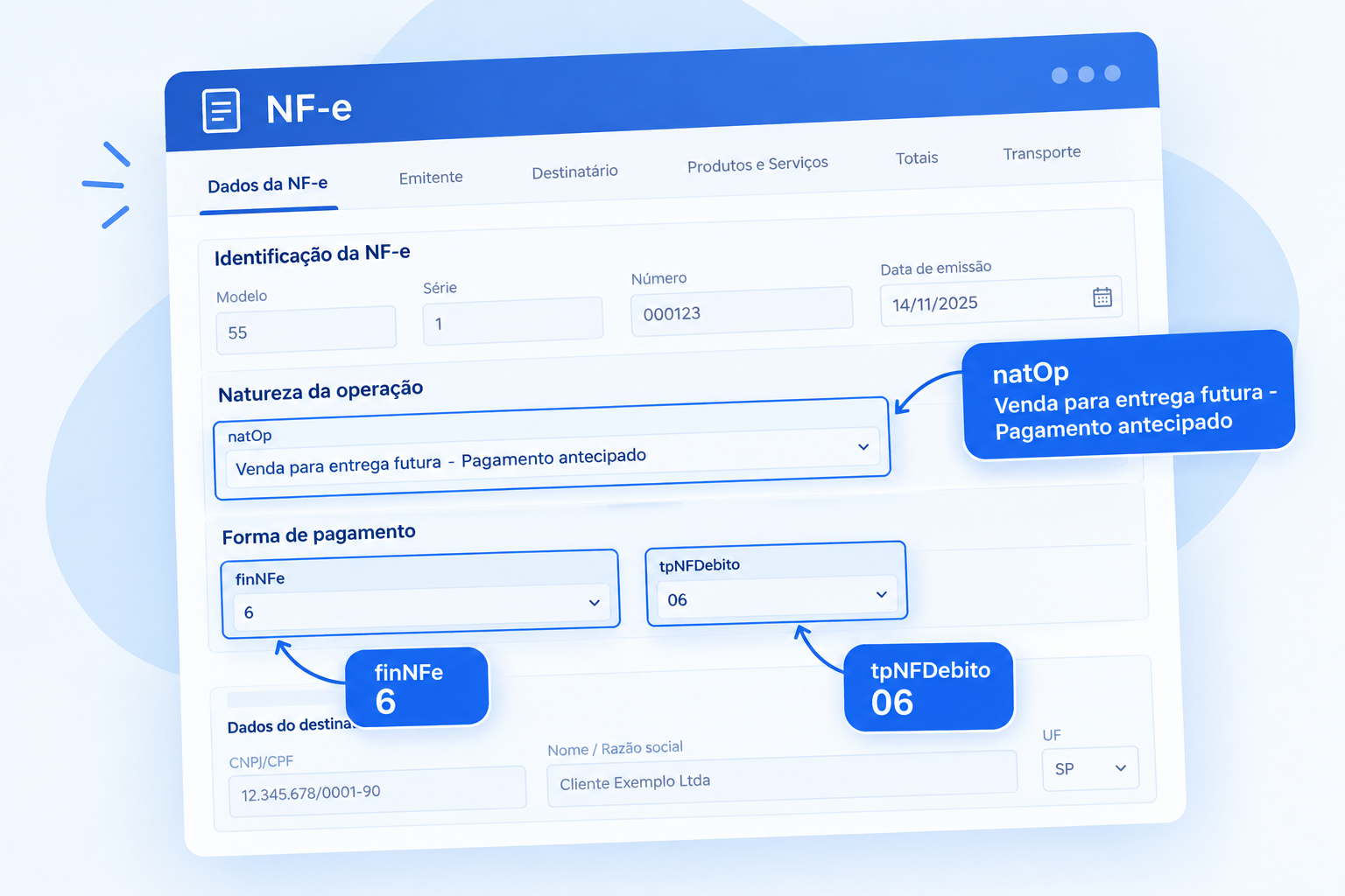 Campos da NF-e de nota de débito por pagamento antecipado conforme Ajuste SINIEF 49/2025